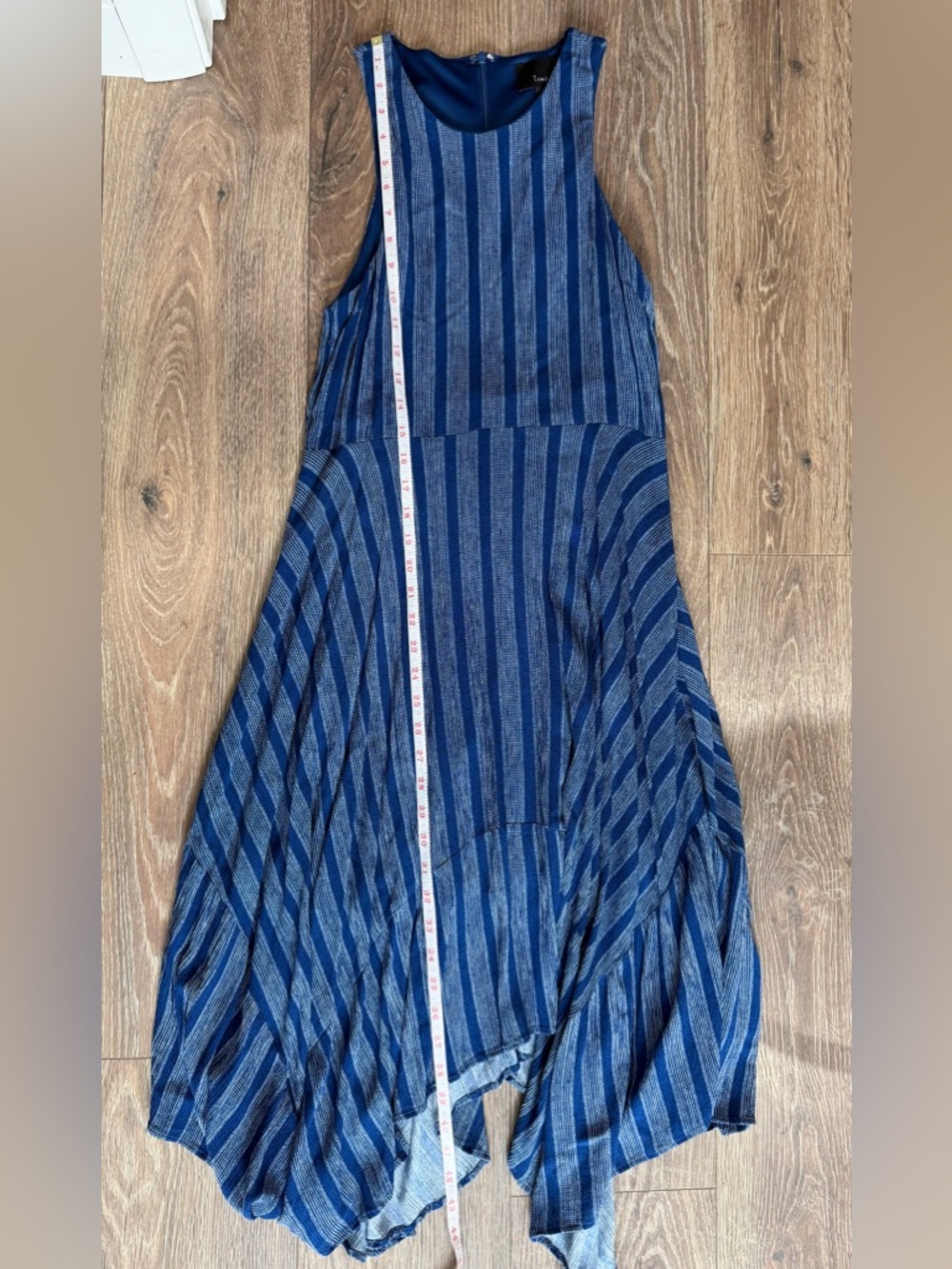 Lumiere Blue Striped Seeveless midi dress High Low Asymmetrical Hem Size Small - Picture 9 of 10